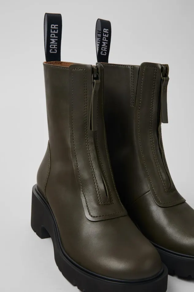 Women Milah Green Leather Zip Boots Camper Ankle Boots