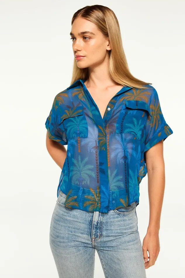 Women MISA Los Angeles Tops ERIN TOP Cobalt Palms Chiffon