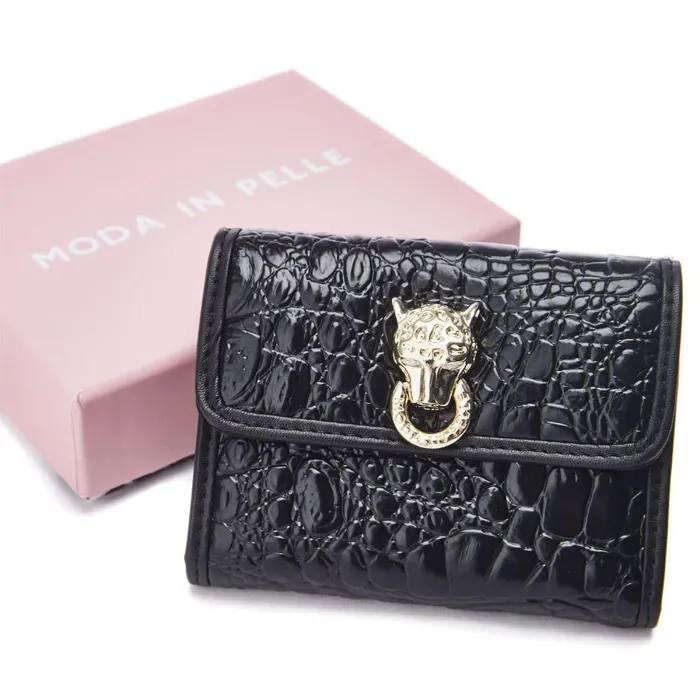 Women Moda In Pelle Clutch Bags Layla Purse Black Croc Print Porvair Women Moda In Pelle Clutch Bags Layla Purse Black Croc Print Porvair