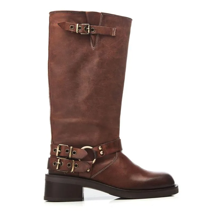 Women Moda In Pelle Knee High Boots Bsoleful BBiker Tan Leather