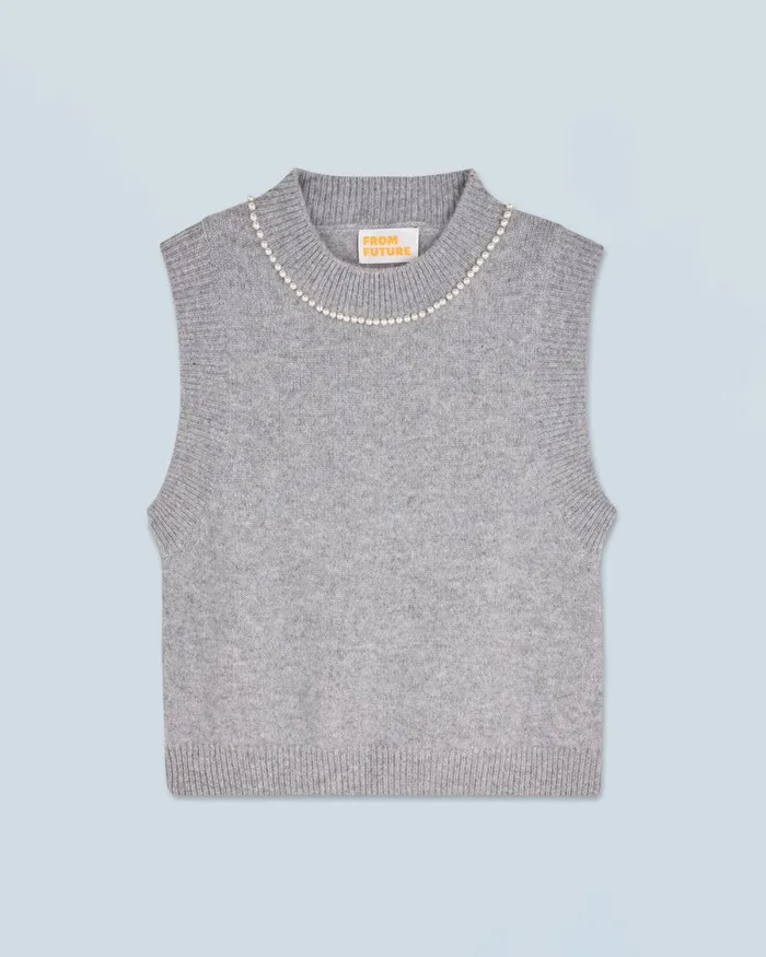 Women Sleeveless Sweaters From Future Sleeveless Sweater With Beads At The Neckline Dark Heather Gray