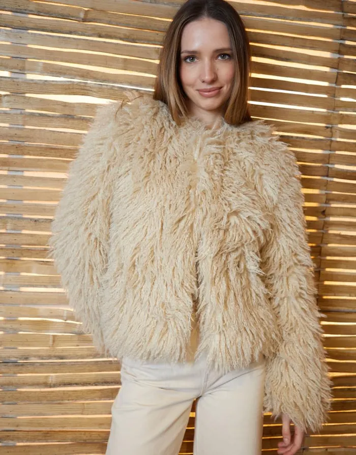 Women Stone Mongolian Faux Fur Coat Threadbare Coats
