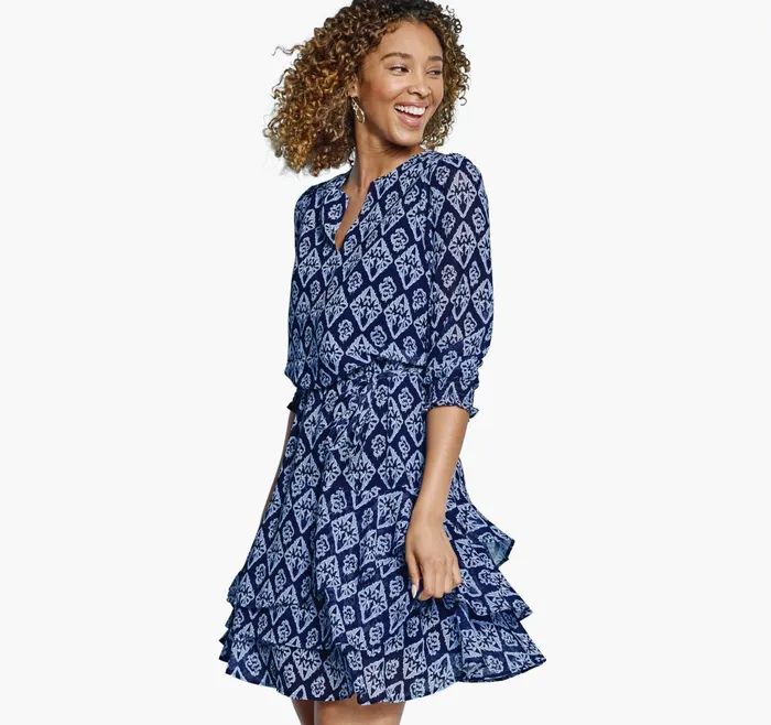 Women Tiered VNeck Print Dress Navy Ikat JohnstonandMurphy Dresses and Jumpsuits Women Tiered VNeck Print Dress Navy Ikat JohnstonandMurphy Dresses and Jumpsuits