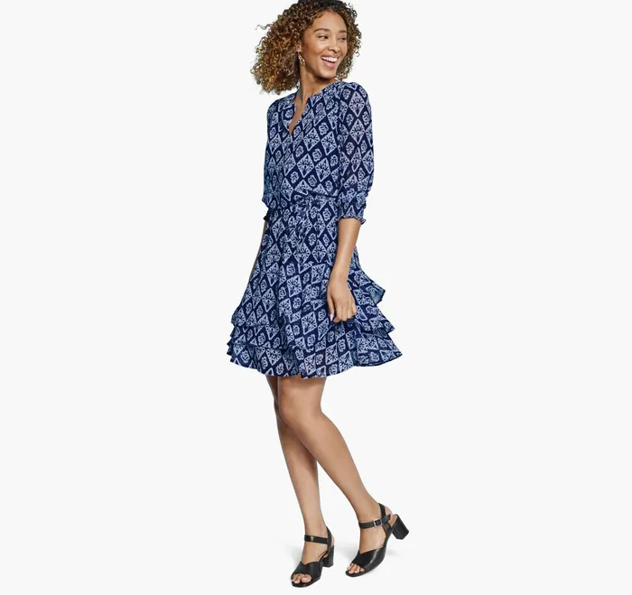 Women Tiered VNeck Print Dress Navy Ikat JohnstonandMurphy Dresses and Jumpsuits Women Tiered VNeck Print Dress Navy Ikat JohnstonandMurphy Dresses and Jumpsuits