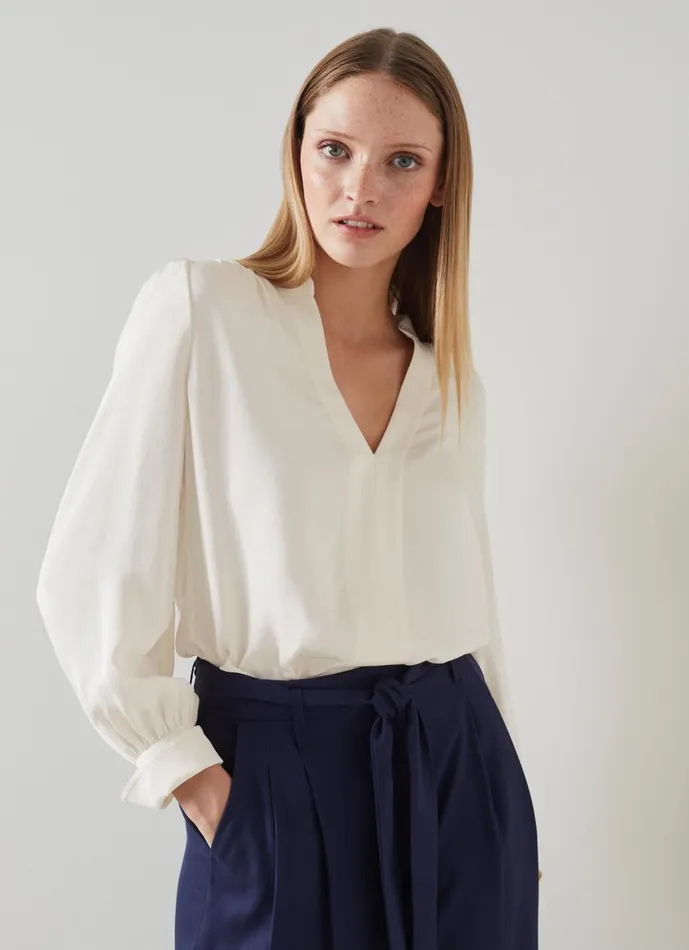 Women Tops LKBennett Selina Cream Collarless Blouse Cream