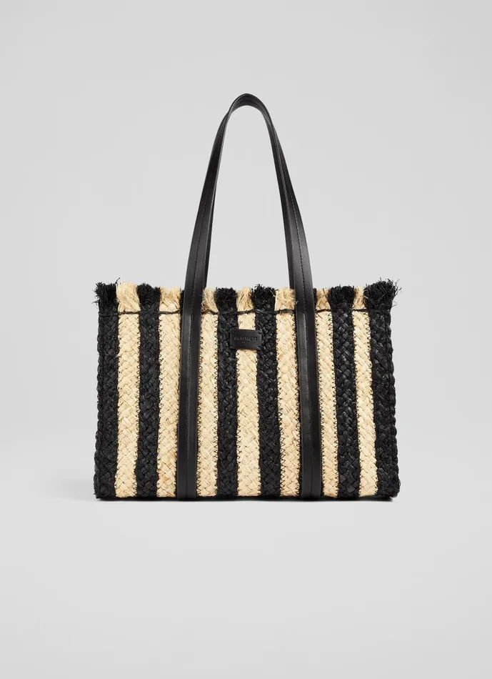 Women Tote Bags LKBennett Nala Black And Natural Striped Raffia Tote Bag