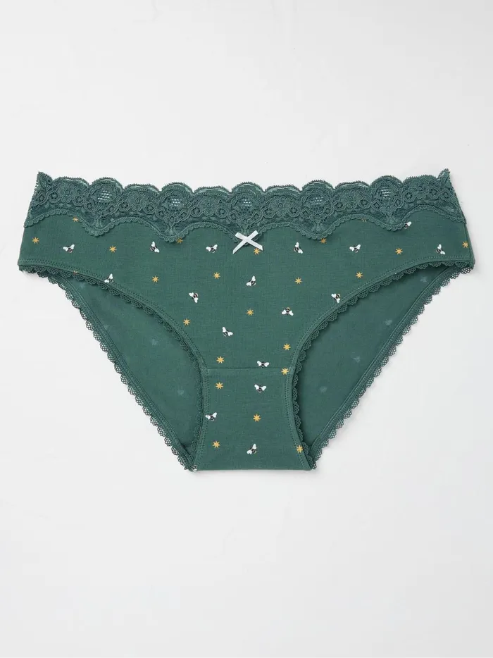Women Underwear Fat Face Green Sparkle Bee Mini Knickers